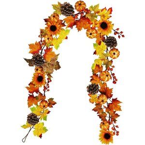 Winlyn Fake Fall Maple Leaf Garland Hanging Vine- 6 Feet - Artificial Berries Su